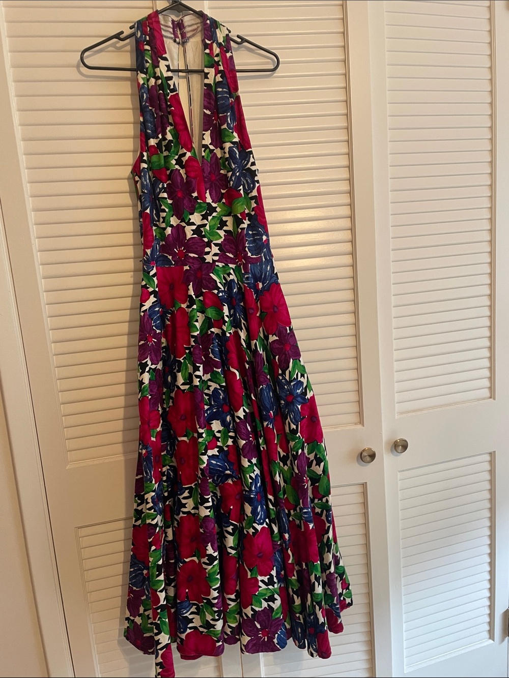 100% cotton 80s vintage Floral Halter Midi Dress in Magenta, Blue & Green